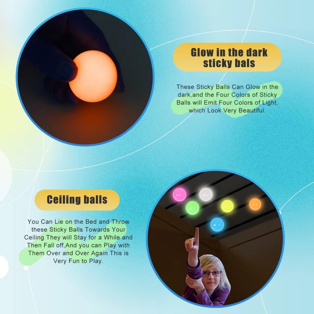6pcs-2.4in Dream Balls,Glow in The Dark Sticky Balls That Stick to The Ceilin…