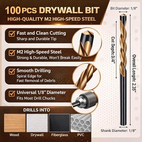 Pcs Drywall Rotor Tips 1/8″ Drywall Router Drill Bits HSS 1/8 in 100