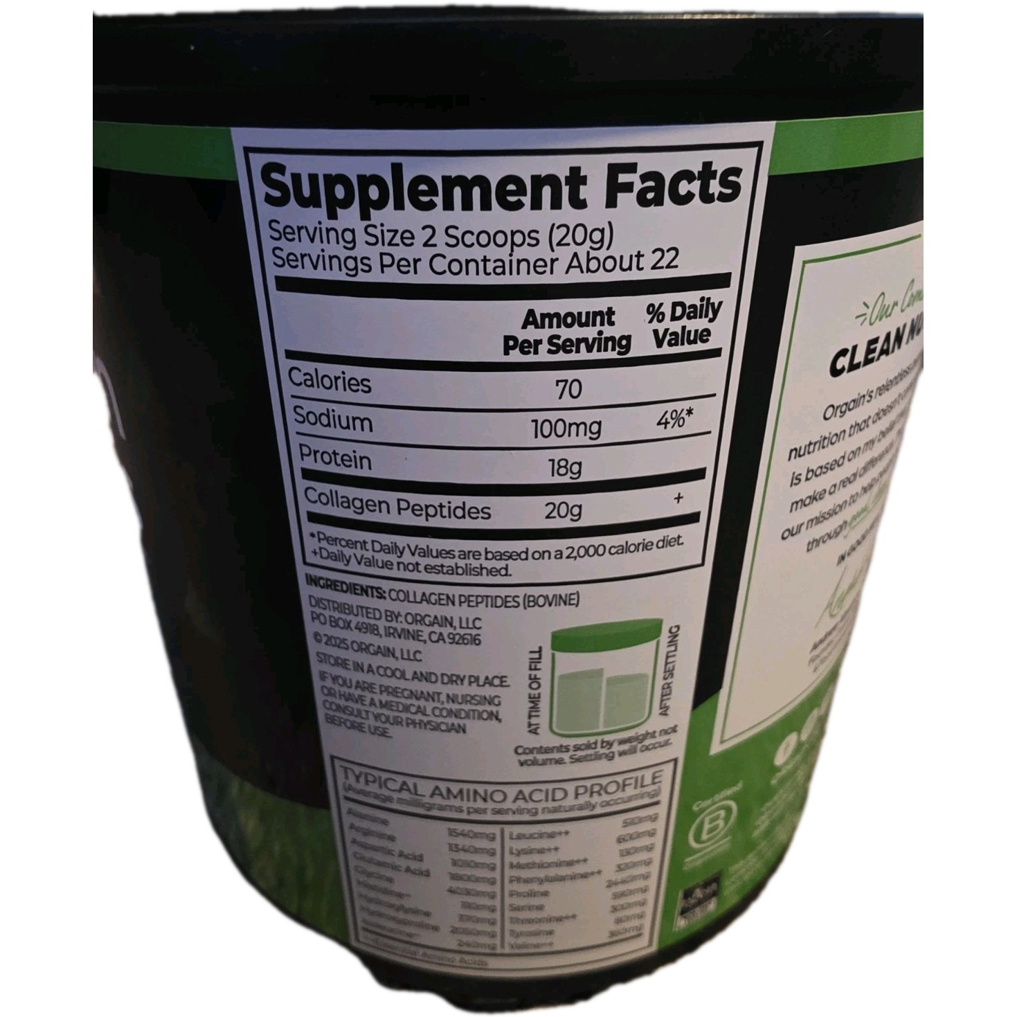 Orgain Hydrolyzed Collagen Peptides Powder Unflavored 16oz Exp: 10/27/2028