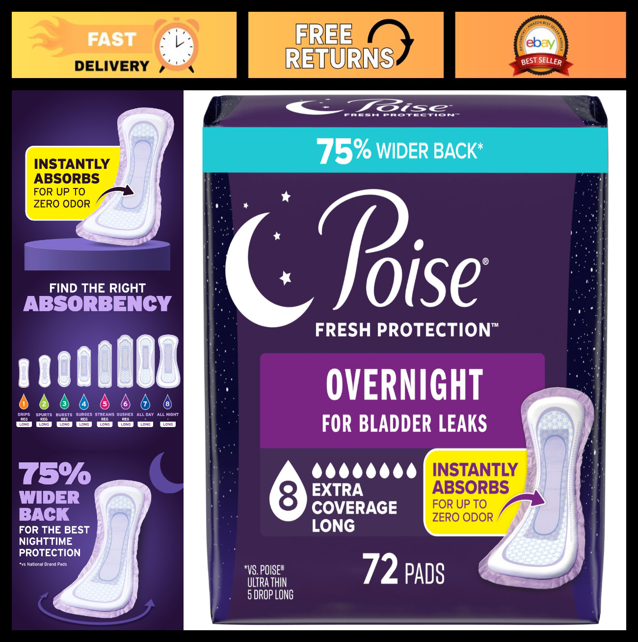 Overnight Incontinence & Postpartum Pads, Extra Coverage, 72 Count, Bladder Leak