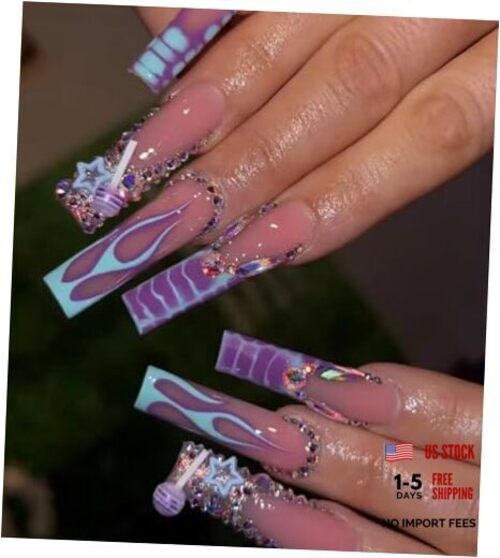 Press on Nails Extra Long – Square Press On Nails with 3D 19-Purple Lollipops