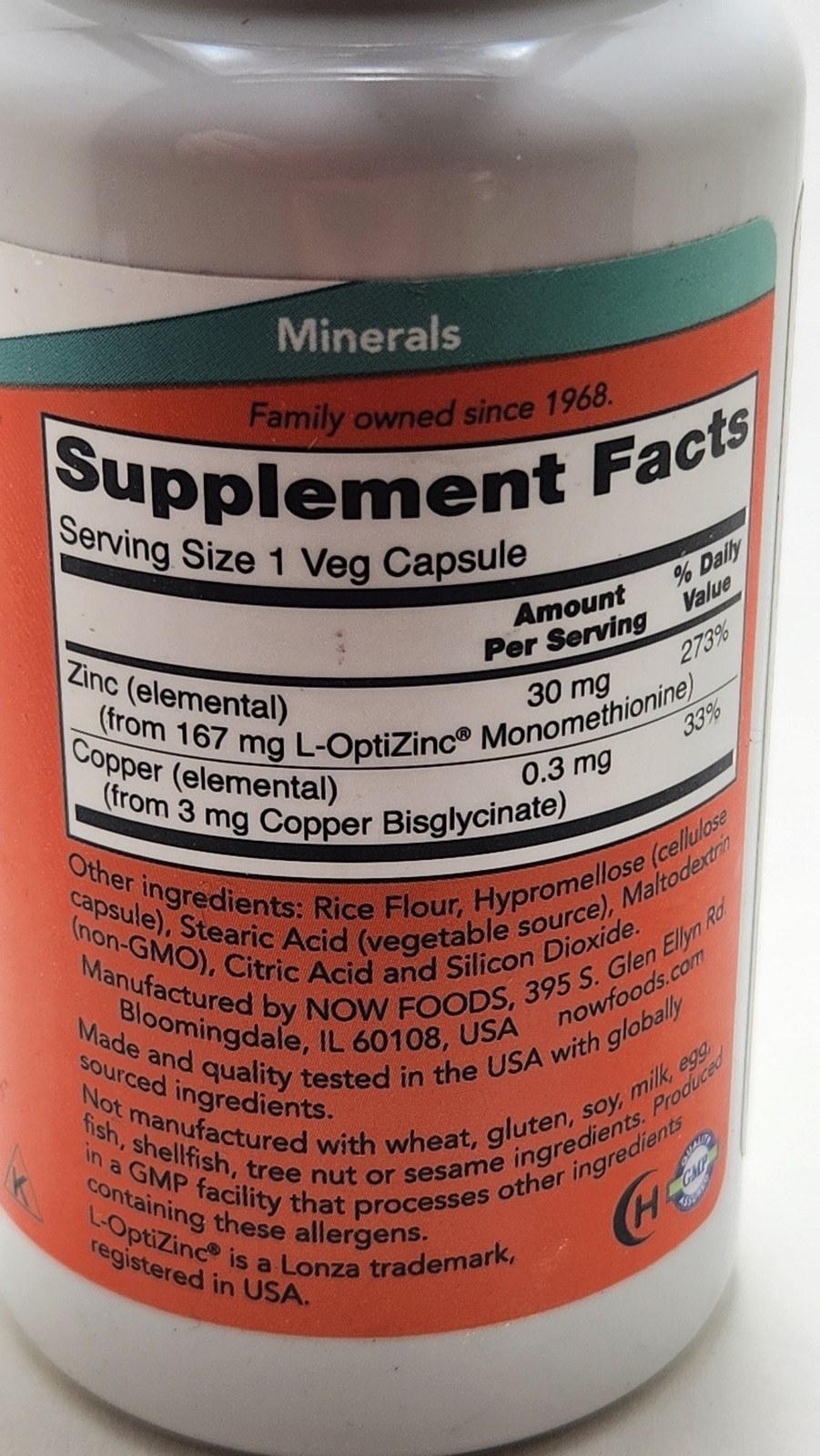 NOW L-OptiZinc 30 mg Immune Support 100 Veg Capsules Zinc Copper