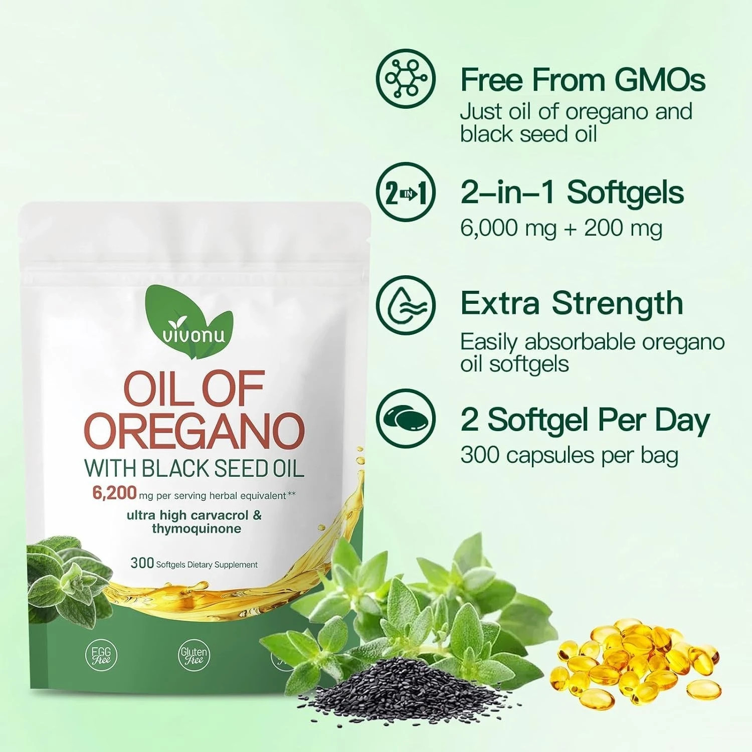 VivoNu Oil of Oregano Capsules, Balanced Oil of Oregano with Black Seed Oil