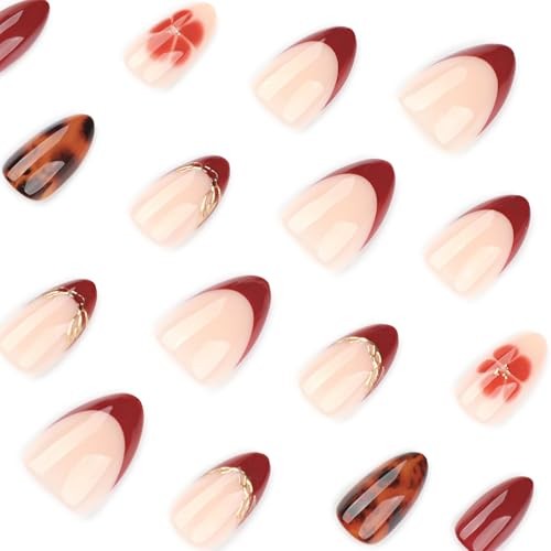 French Short Oval Gel Press on Nails, Nude Fake 72-3D Burgundy French Gold