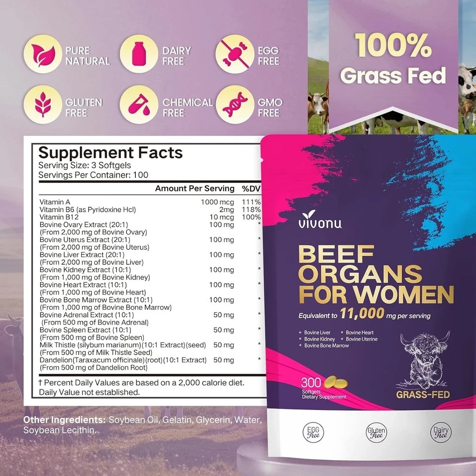 13-in-1 Beef Organ Supplement for Women Balance Hormones, Energy, 300 Softgels