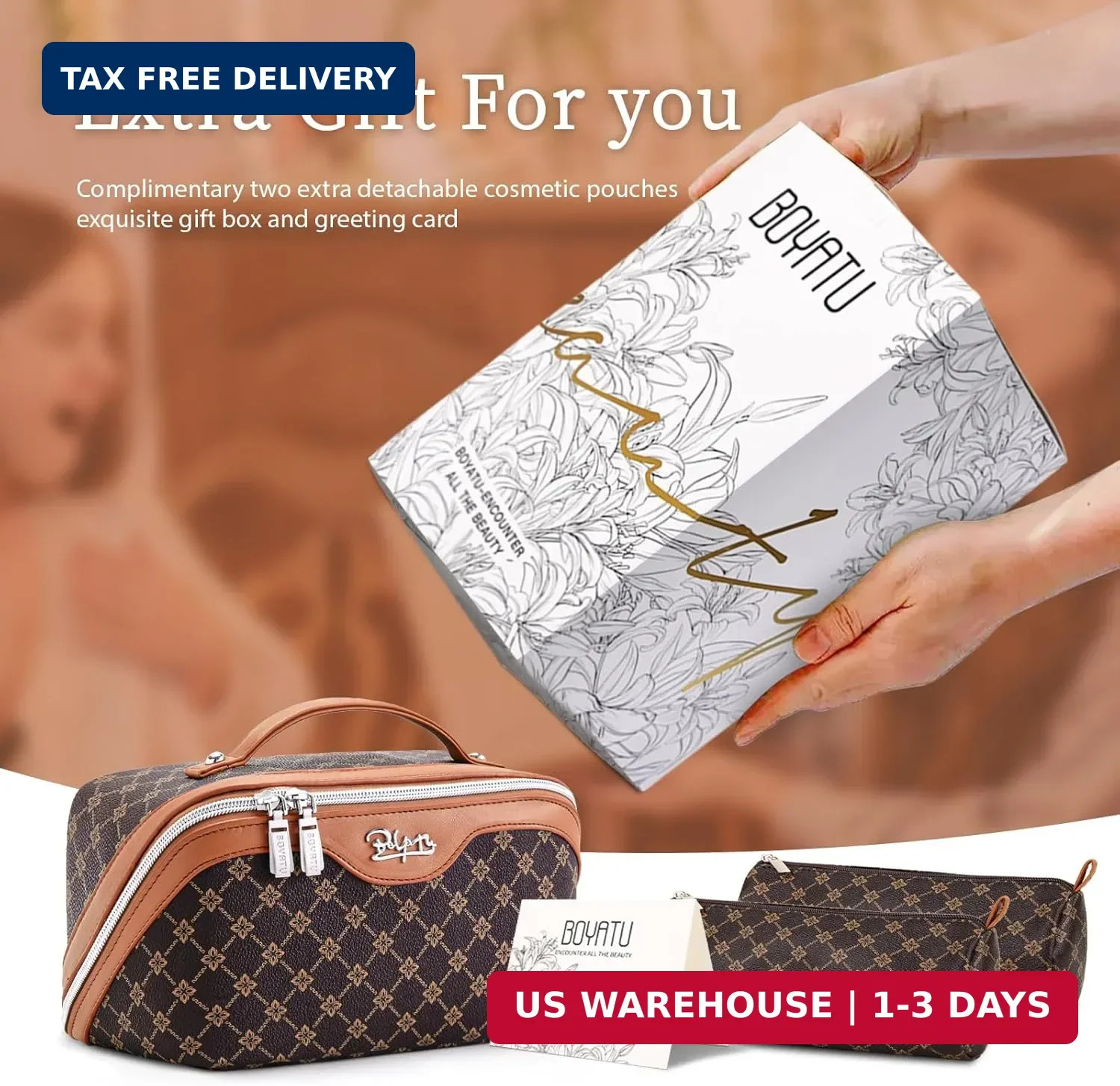 BOYATU Travel Makeup Bag Cosmetic Bags for Women: 3 Pcs Set Large Portable Make