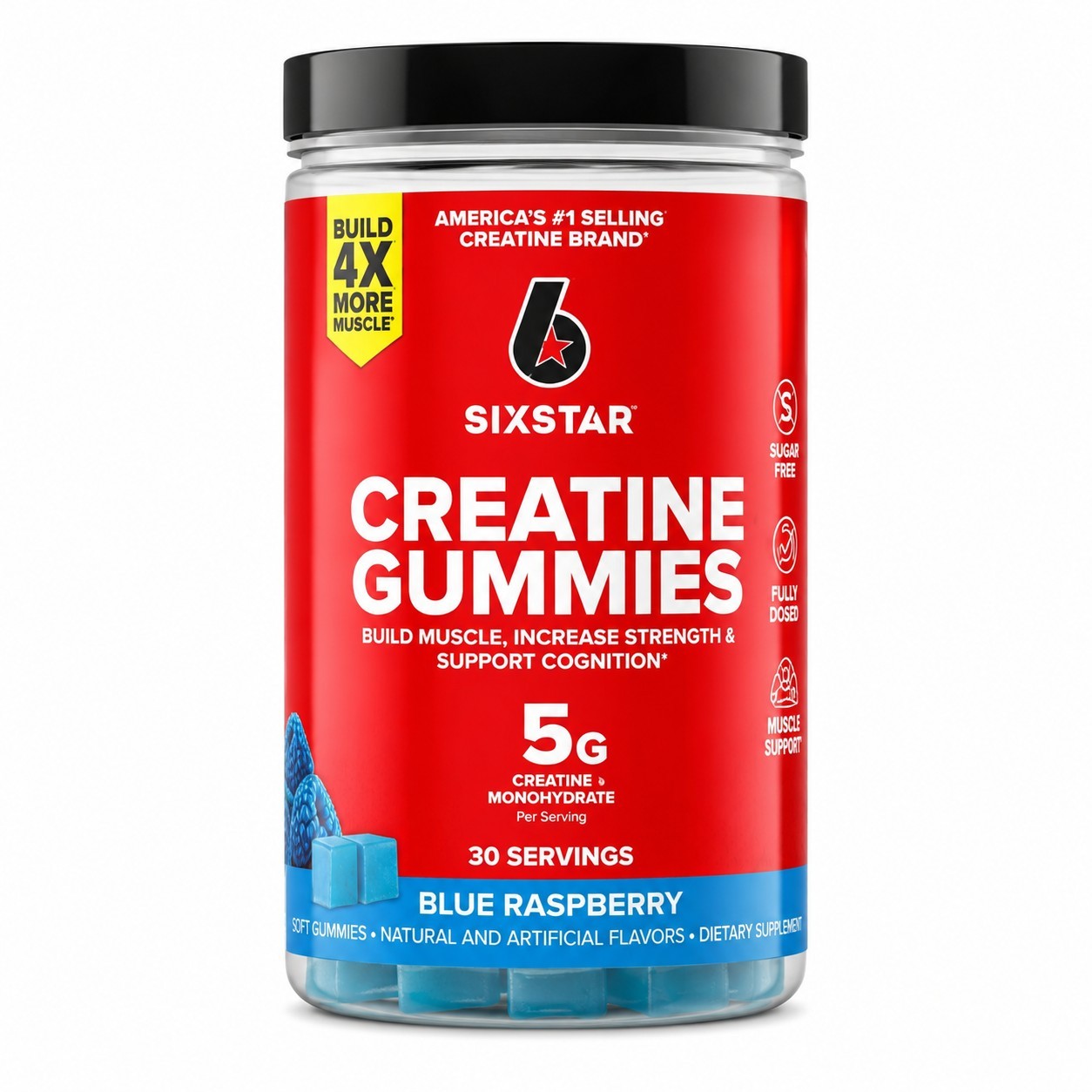 Six Star Creatine Monohydrate Gummies Blue Raspberry Sugar-Free 5g 90ct