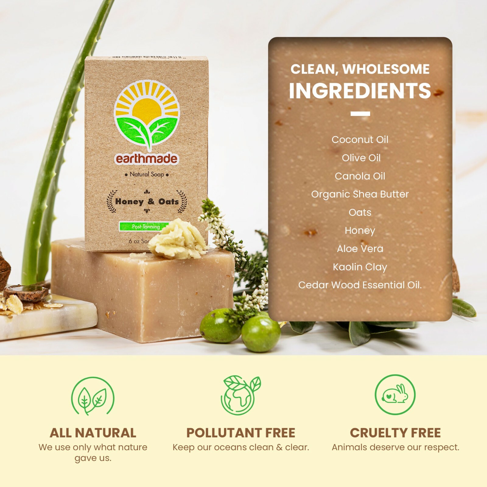 Earthmade Honey and Oats Soap, All-natural Body Soap with Aloe Vera