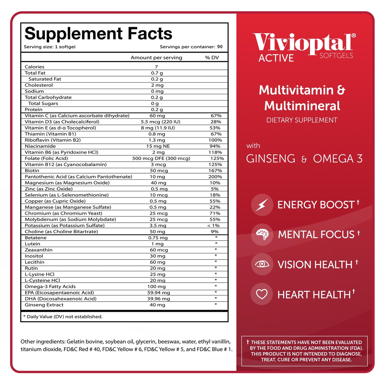 Vivioptal Active 90 Softgels Ginseng & Omega 3 Multivitamin & Multimineral Gl…