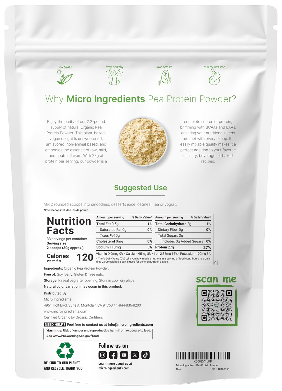 North America Grown, Organic Pea Protein Powder, 1KG 2.2 Pound (Pack of 1)
