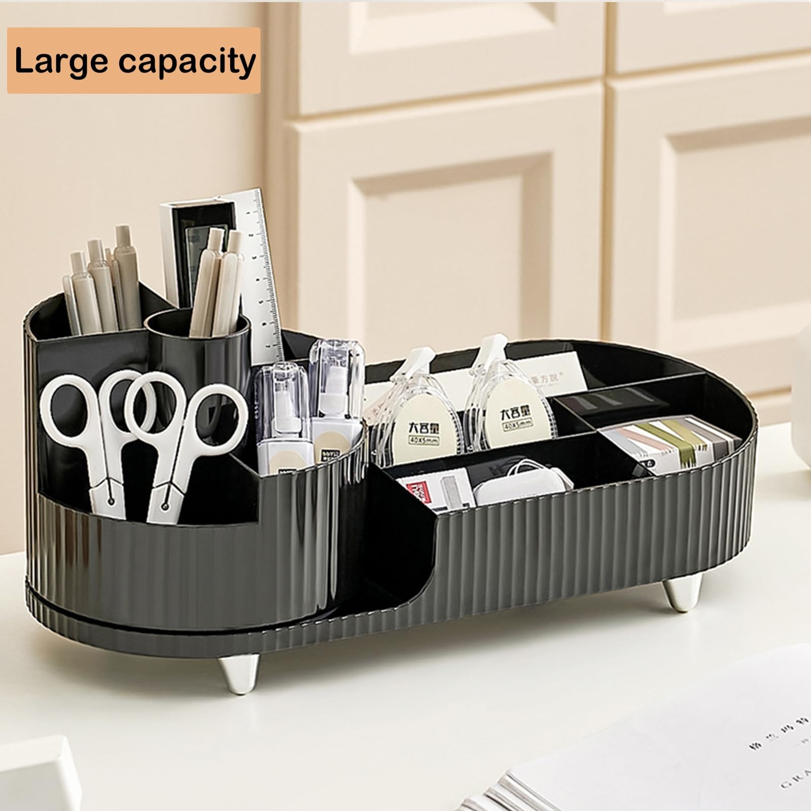 Rotating Makeup Organizer for Vanity with Brush Holder, Cosmetic Black