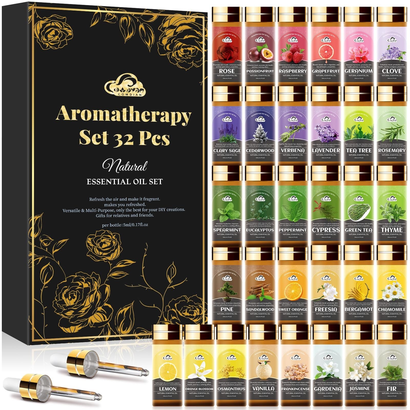 32 Pcs Aromatherapy Essential Oils Set for Diffusers, Skin Care, Candle Making &