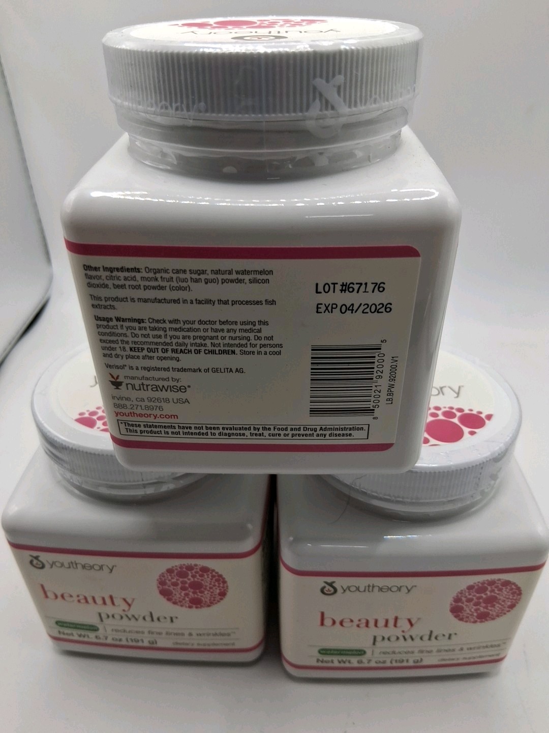 3x Youtheory Beauty Powder Watermelon 6.7 Oz. Ea. Exp:04/2026 (Lot Of 3)