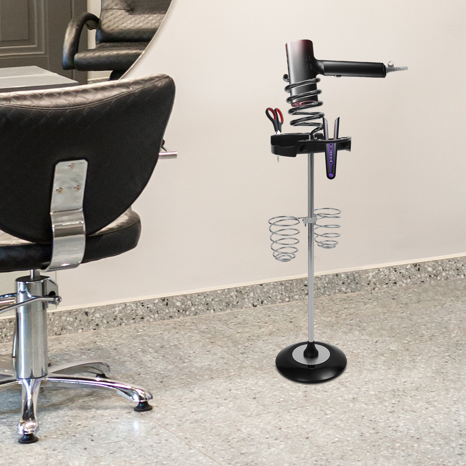 Hair Dryer Stand with Tray & Spiral Holders Freestanding Holder Hands-Free Black