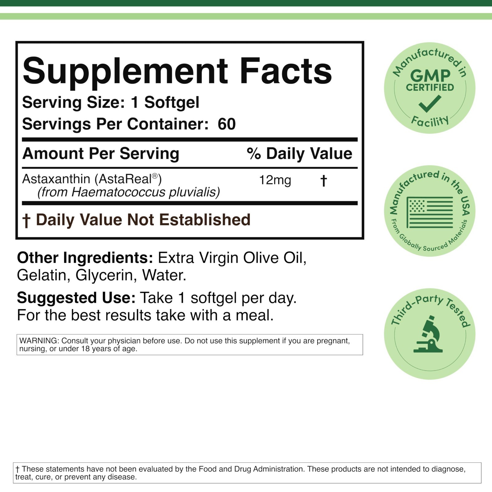 Triple Strength Astaxanthin 12mg – Patented Formula, 70+ Clinical Trials, USA Ma