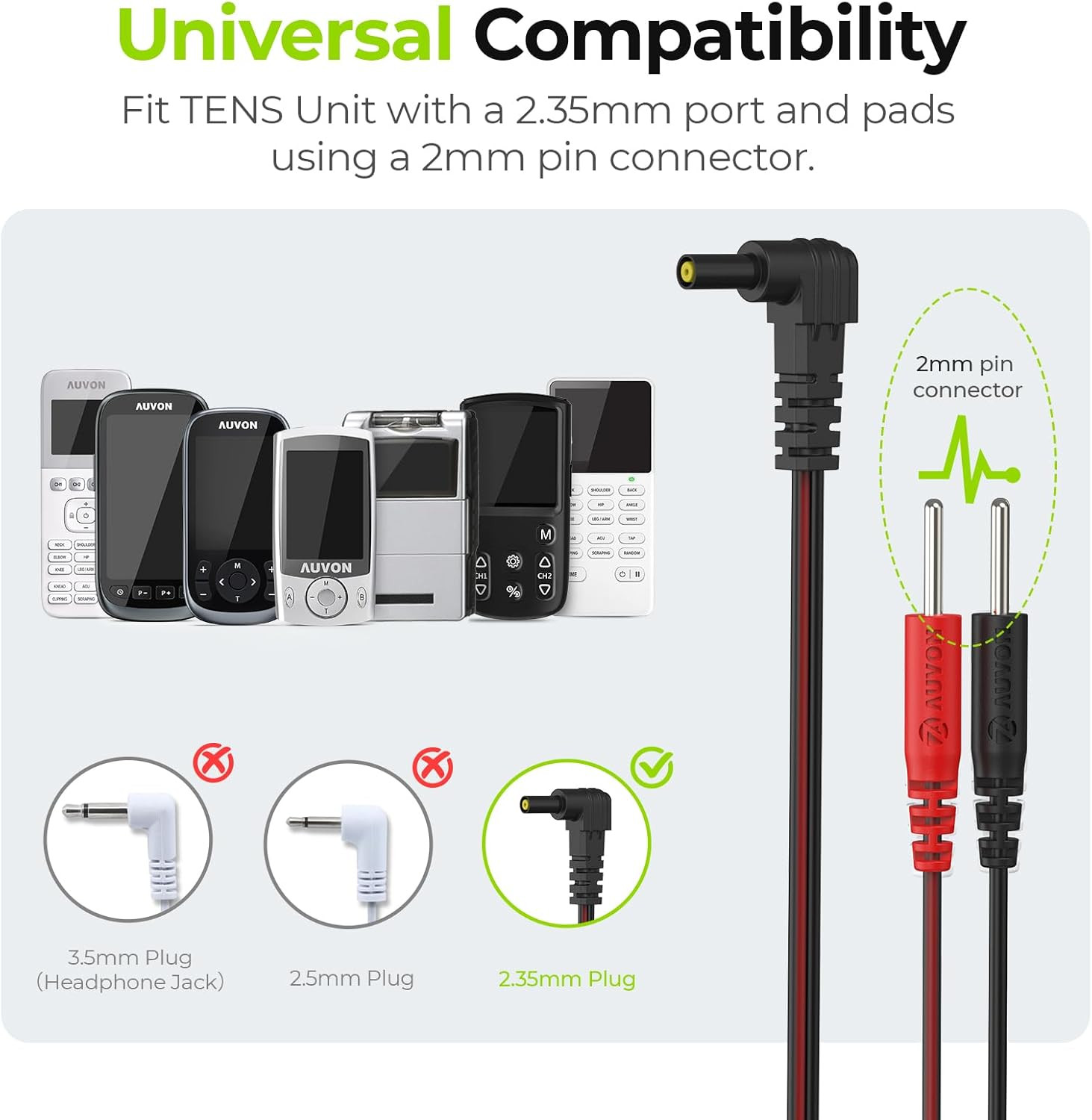 AUVON 2 X TENS Unit Electrode Lead Wires, Premium Lead Wires with Soft TPE Mater