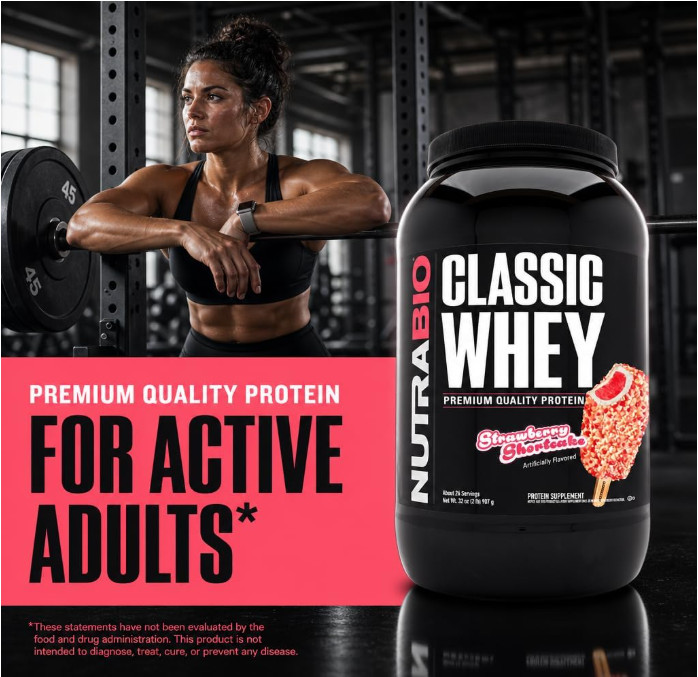 NutraBio Classic Whey Protein Powder, Strawberry Shortcake, 2 lb, 25g Protein
