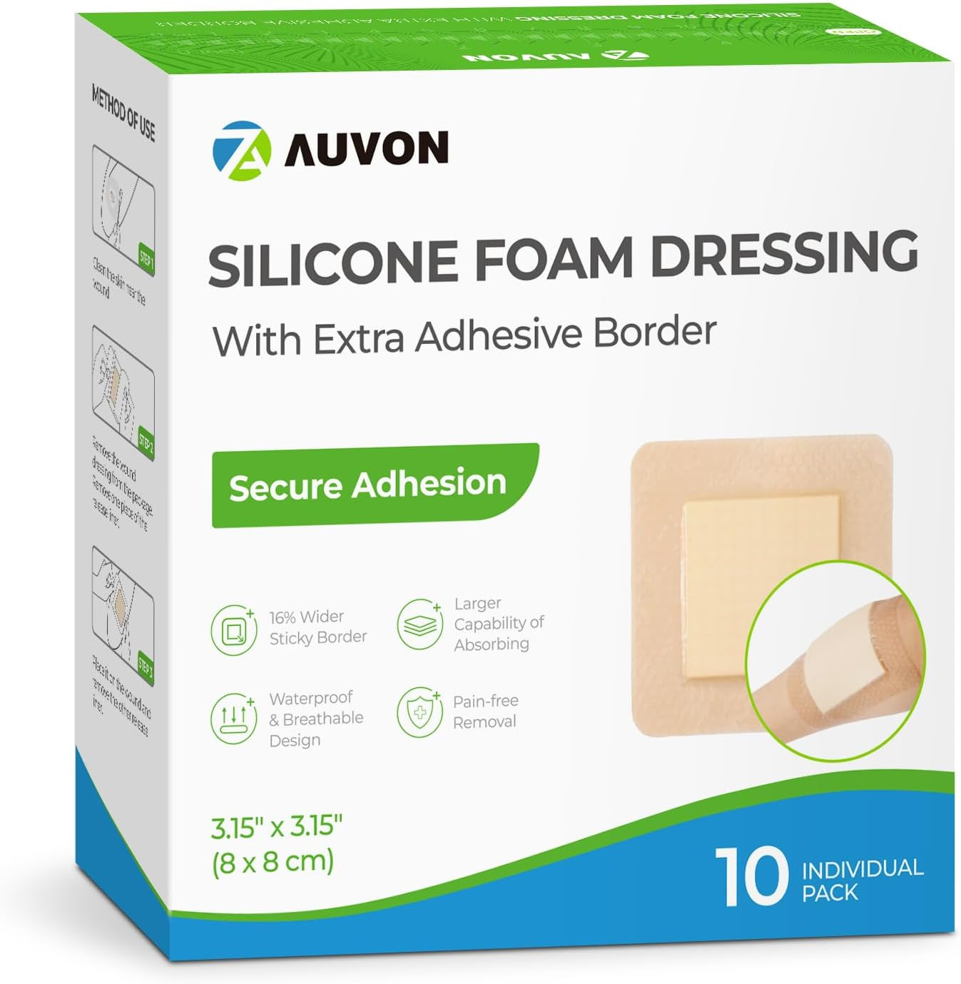 Silicone Foam Dressing with Large Adhesive Border, 3″ X 3″ 10 Packs Wound Dressi