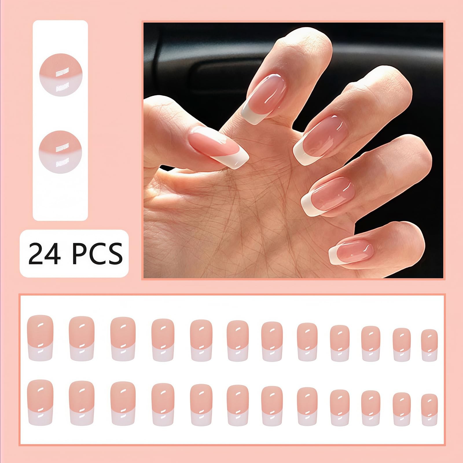 24PCS White French Tip Press on Nails Short Square Fake Large, Multicolor