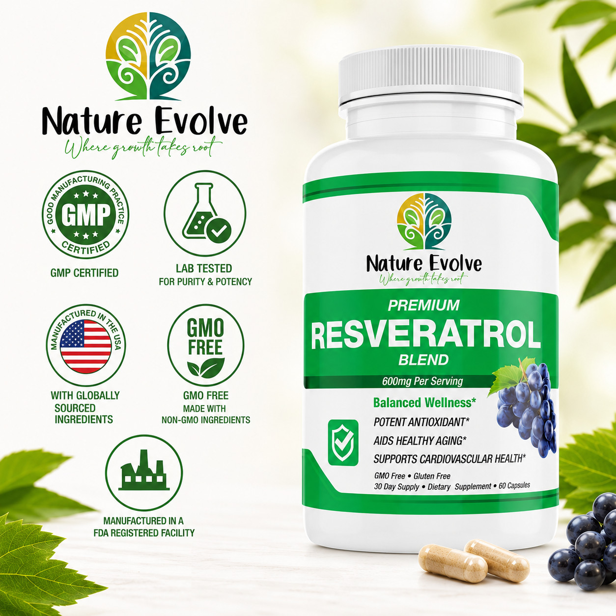 Nature Evolve Premium Resveratrol Blend 600mg Antioxidant Support Made In USA