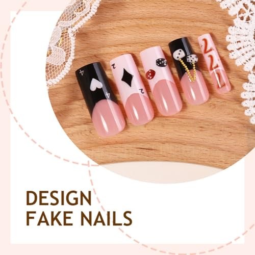 Pink & Black Poker Theme Long Square Press on Nails with Black & White Dice