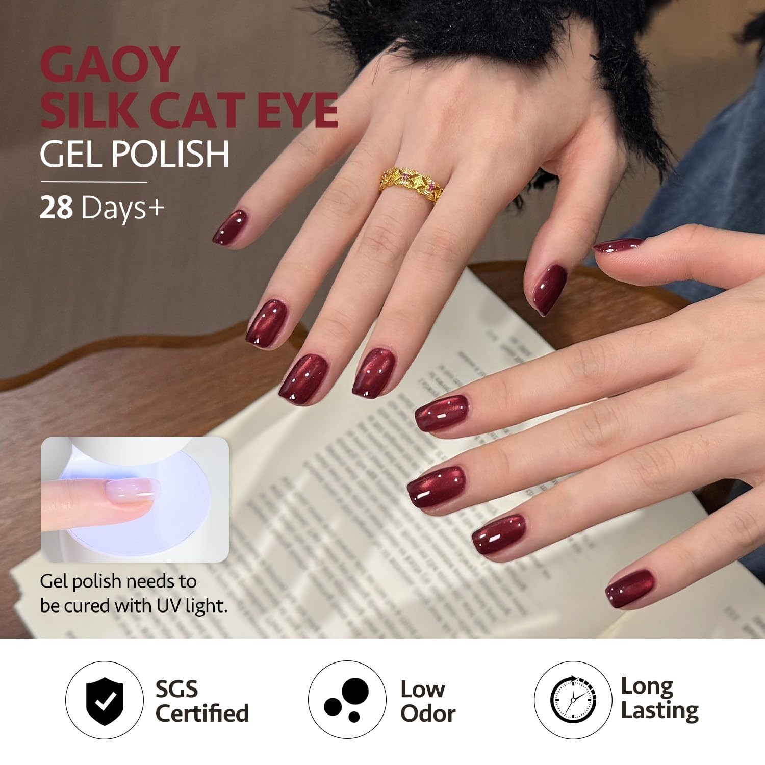Red Cat Eye Gel Nail Polish Set with Magnet, 6 Colors Dark Red Burgundy Brown Gl