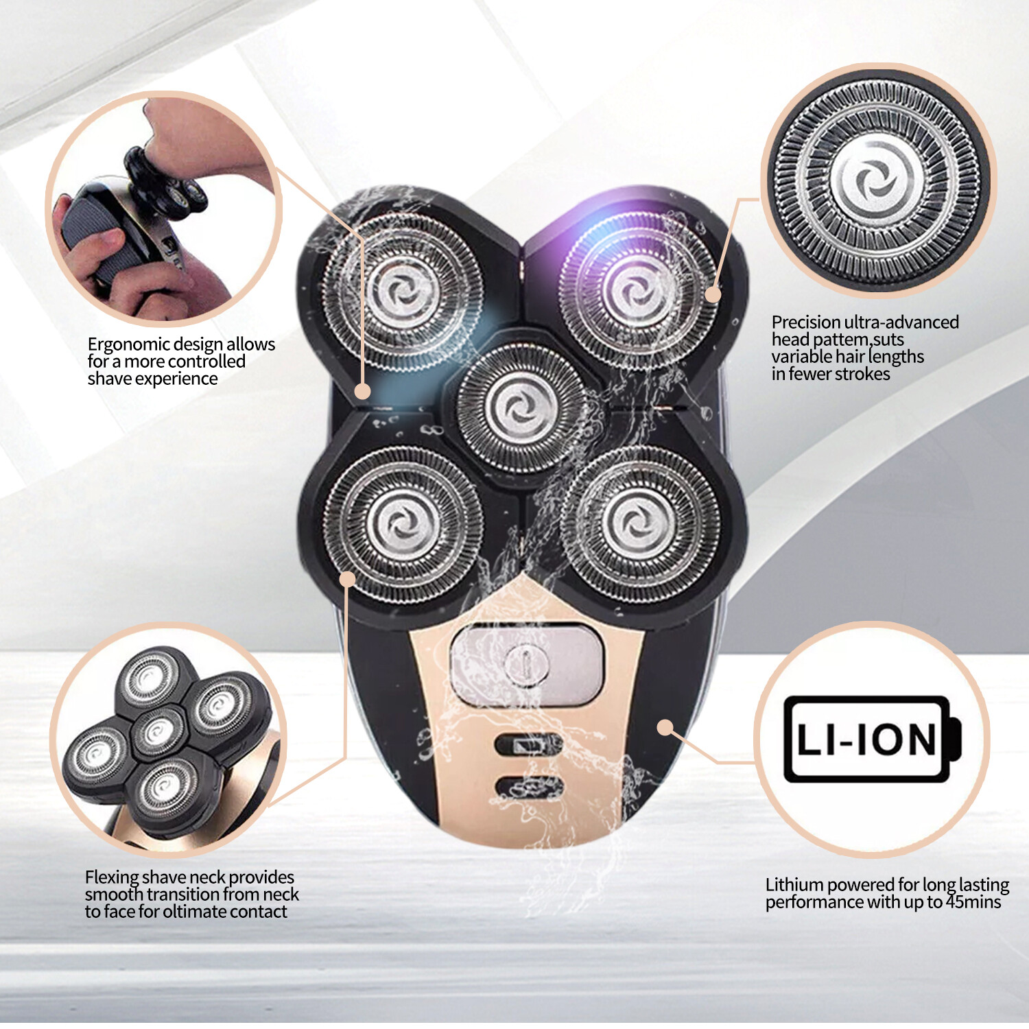 5-in-1 Rotary Electric Shaver 4D Rechargeable Bald Head Hair Beard Trimmer Razor