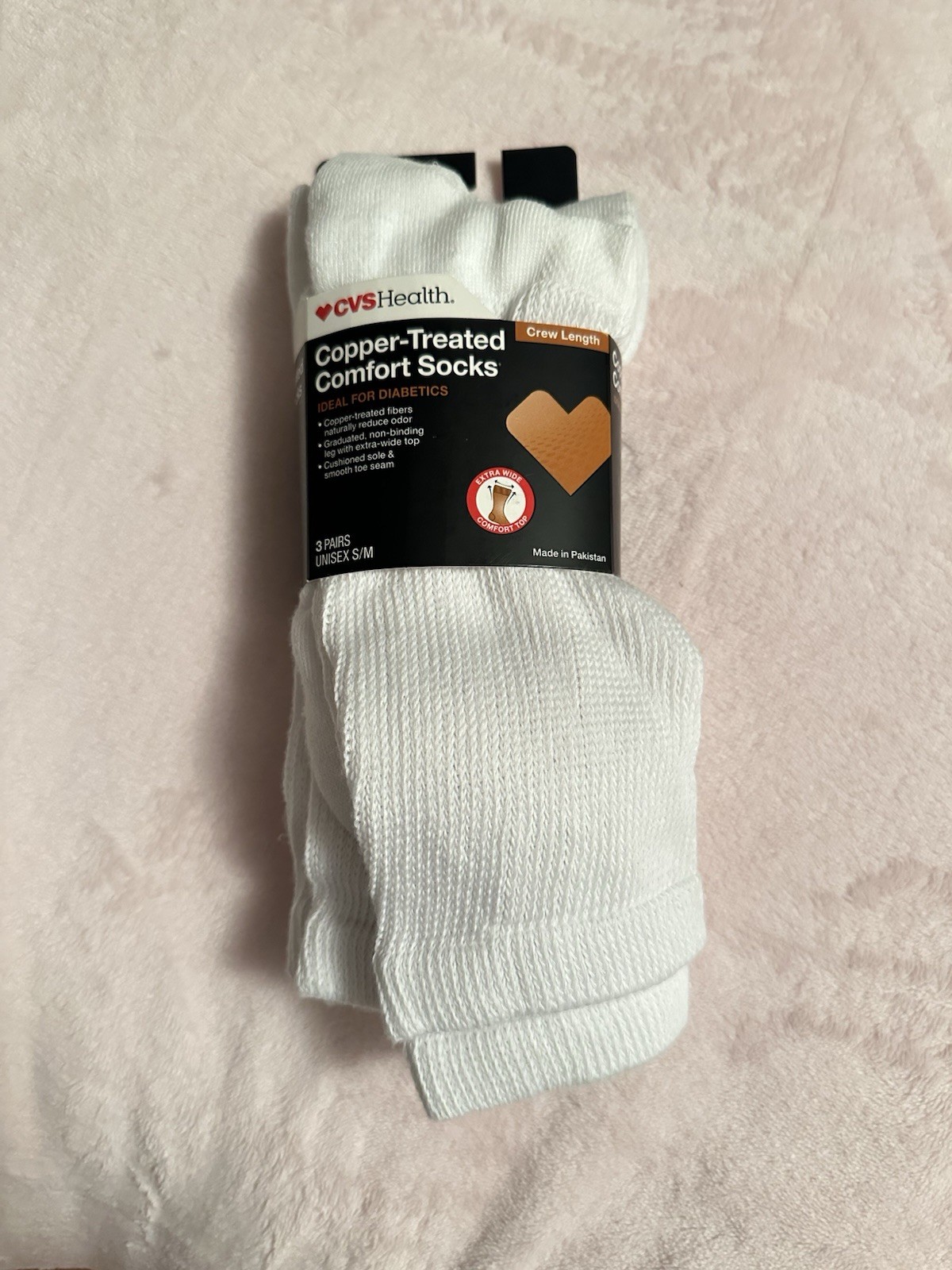 CVS Copper Treated Diabetic Socks Crew Length S /M 3 Pair White