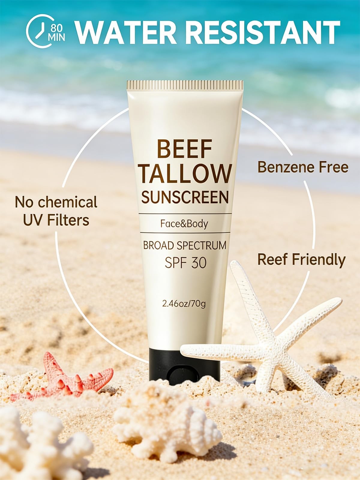 Tallow Sunscreen, Sunscreen for Face, SPF30 Natural 2.46 Ounce (Pack of 1)