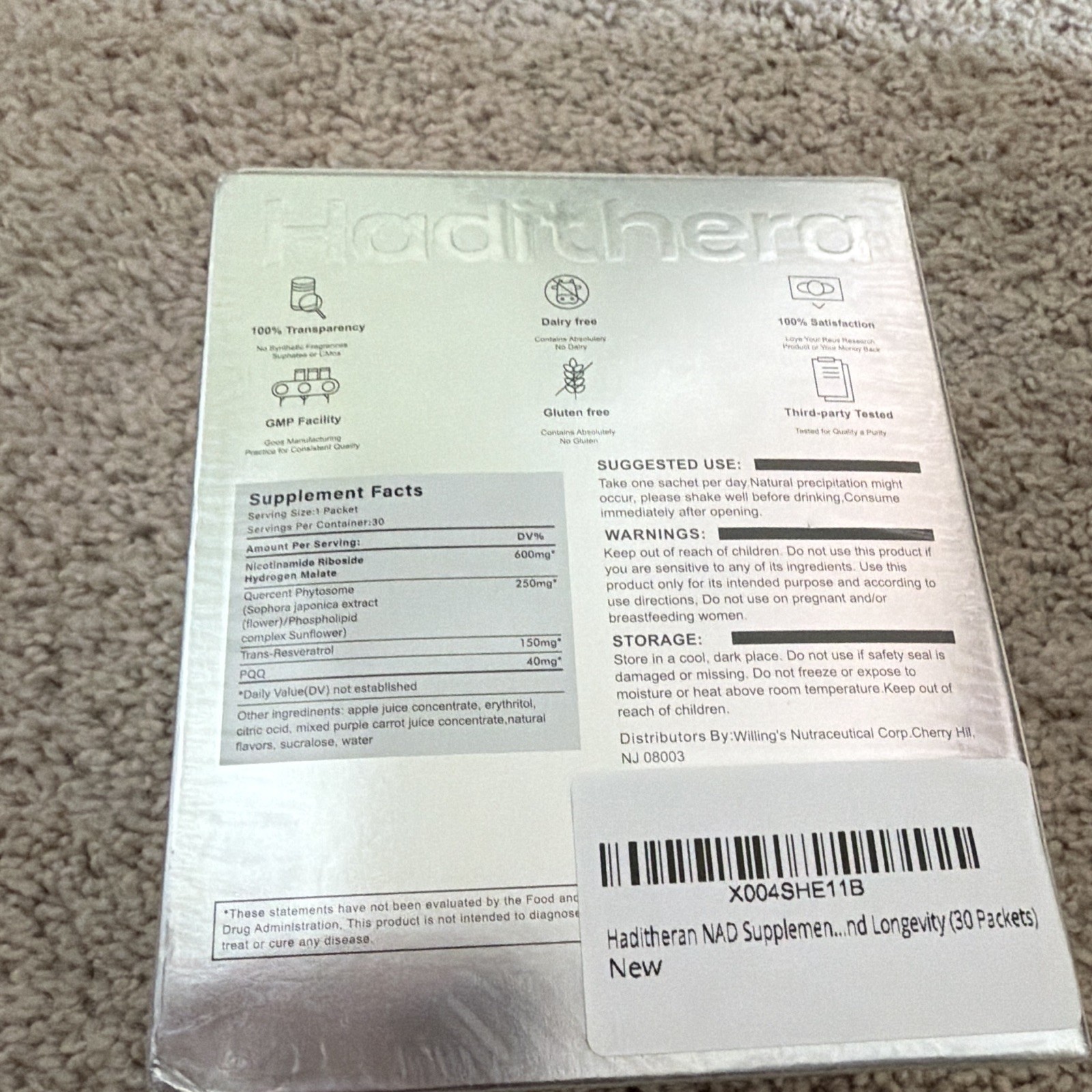 Hadithera NAD+ Supplement 1000mg Nicotinamide Riboside PQQ Resveratrol 30