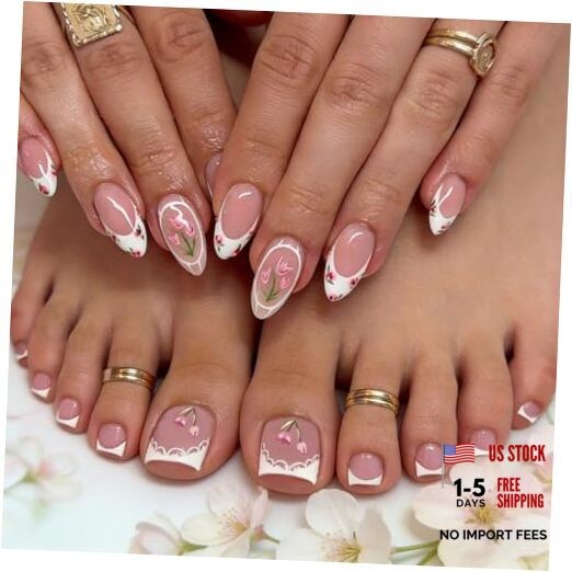 Press on Nails and Toenails Set – 48Pcs Medium Almond French Tip Fake Style-33