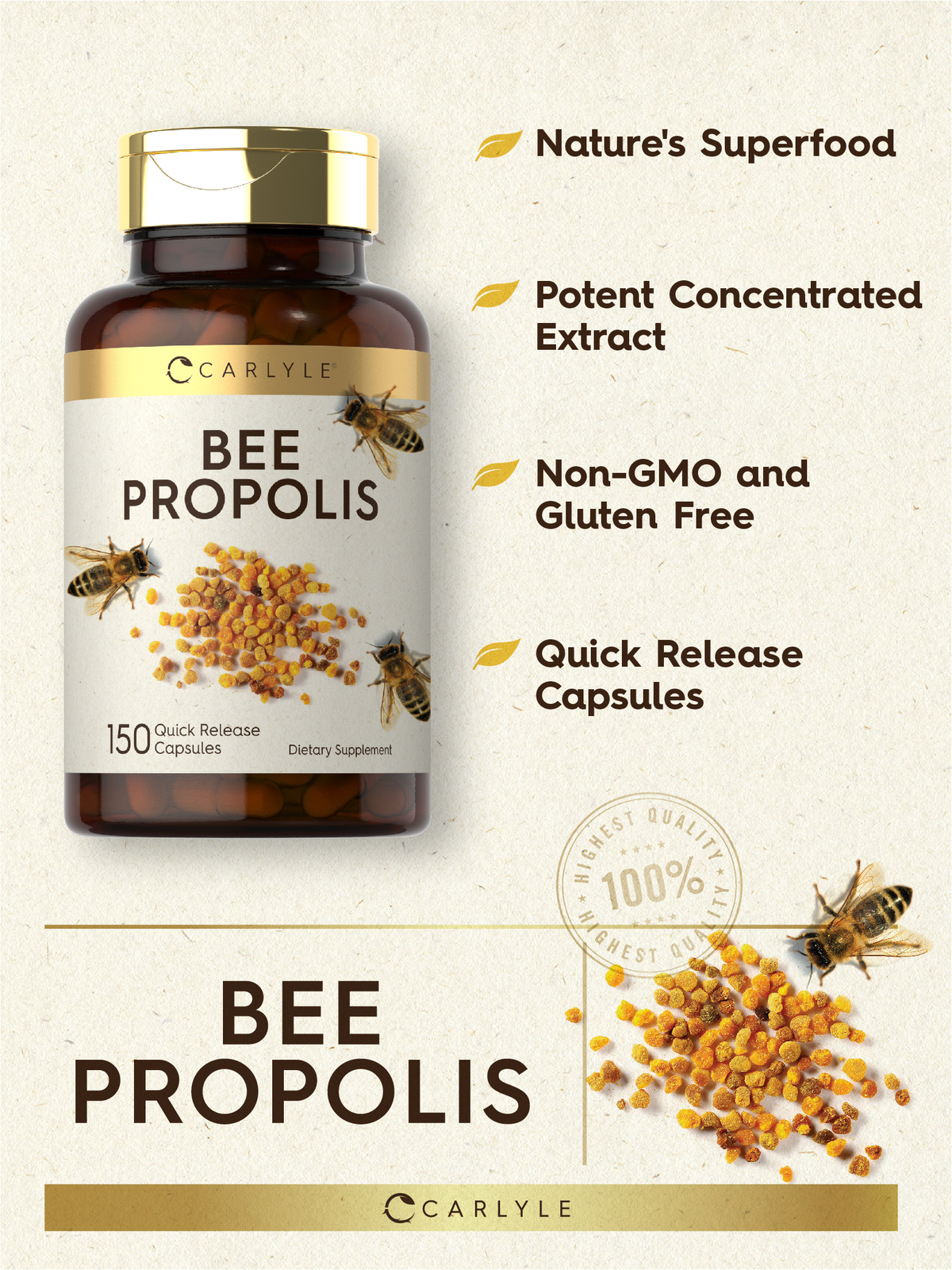 Bee Propolis Capsules 600mg | 150 Count | Non-GMO, Gluten Free | by Carlyle