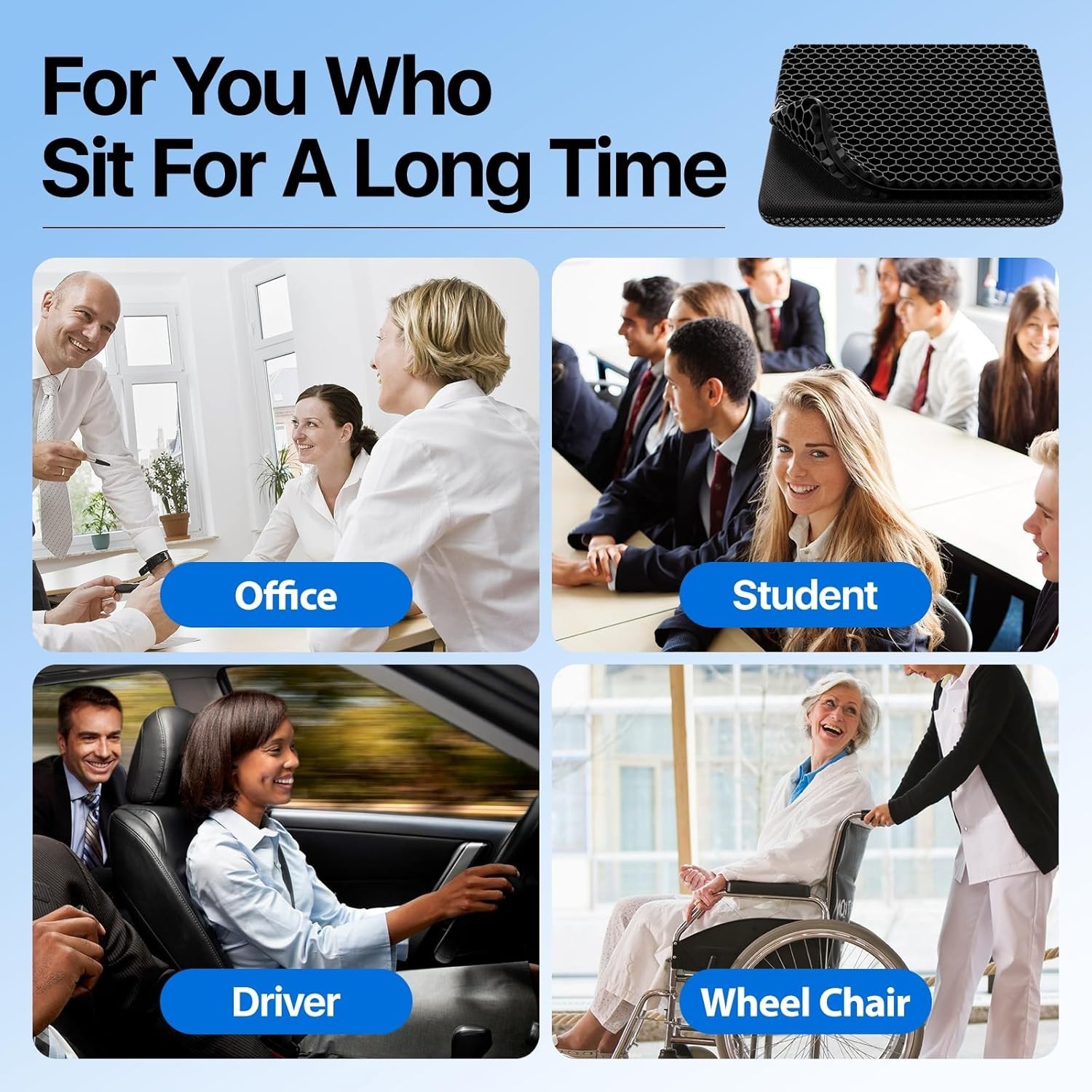 Black Gel Seat Cushion 18.9×17.7×1.6in, Breathable, Double-Layer Design