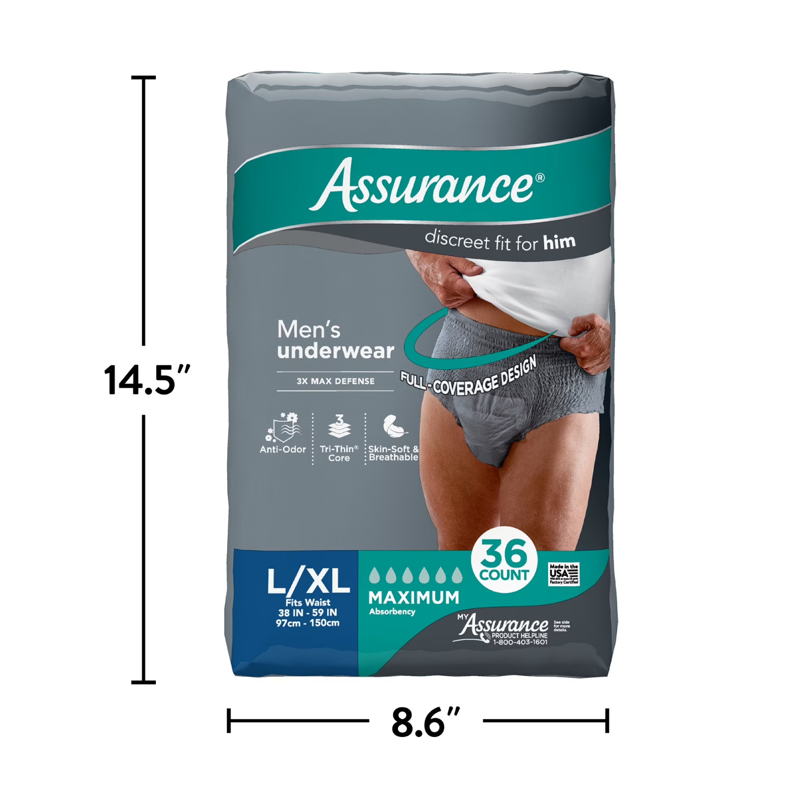 Assurance Men’s Incontinence Underwear, L/XL , Maximum Absorbency (36 Count)