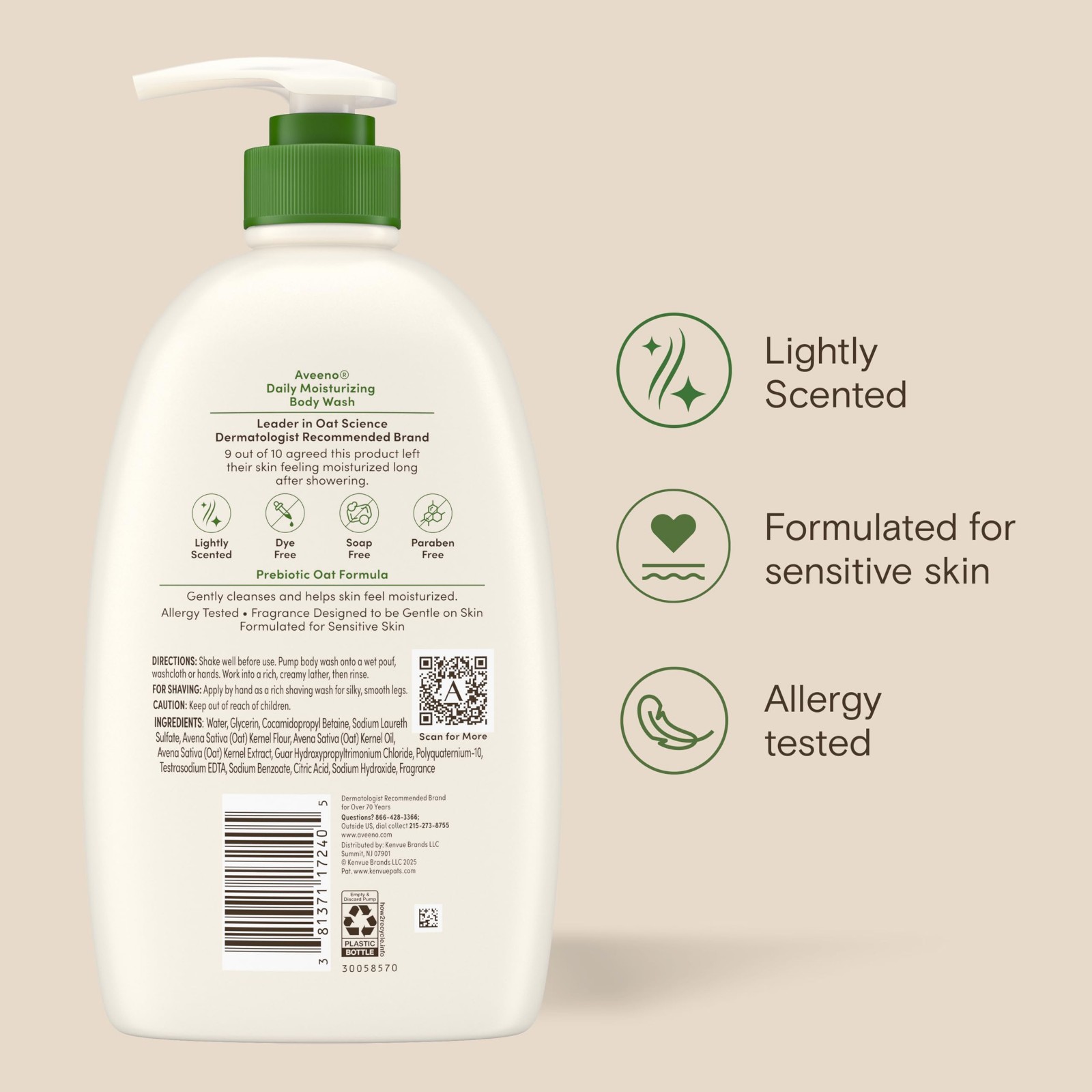 Daily Moisturizing Body Wash for Normal to Dry Skin, Prebiotic Oat Formula, 33 f