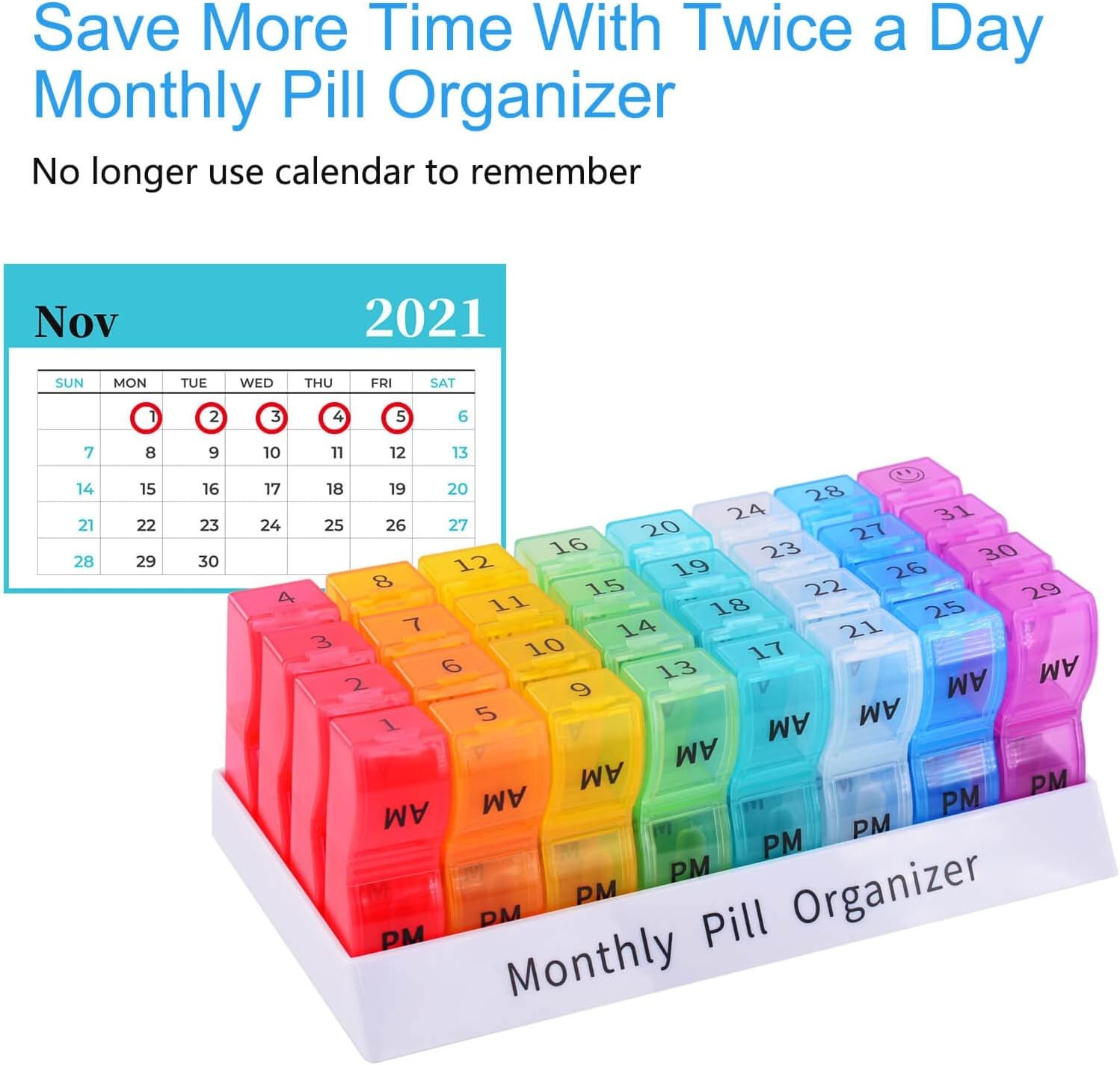 1PK Monthly Pill Organizer 2 Times a Day,30 Day AM PM Pill Box,for Travel &Home