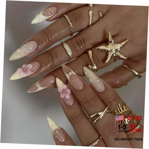 French Tips Press on Nails Medium Almond Fake Nails with 5D Flower Color30