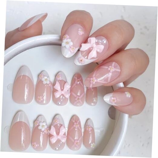 Coquette Bow Press-On Nails, 24pcs Blush Pink French Tip Almond Ballet Blush