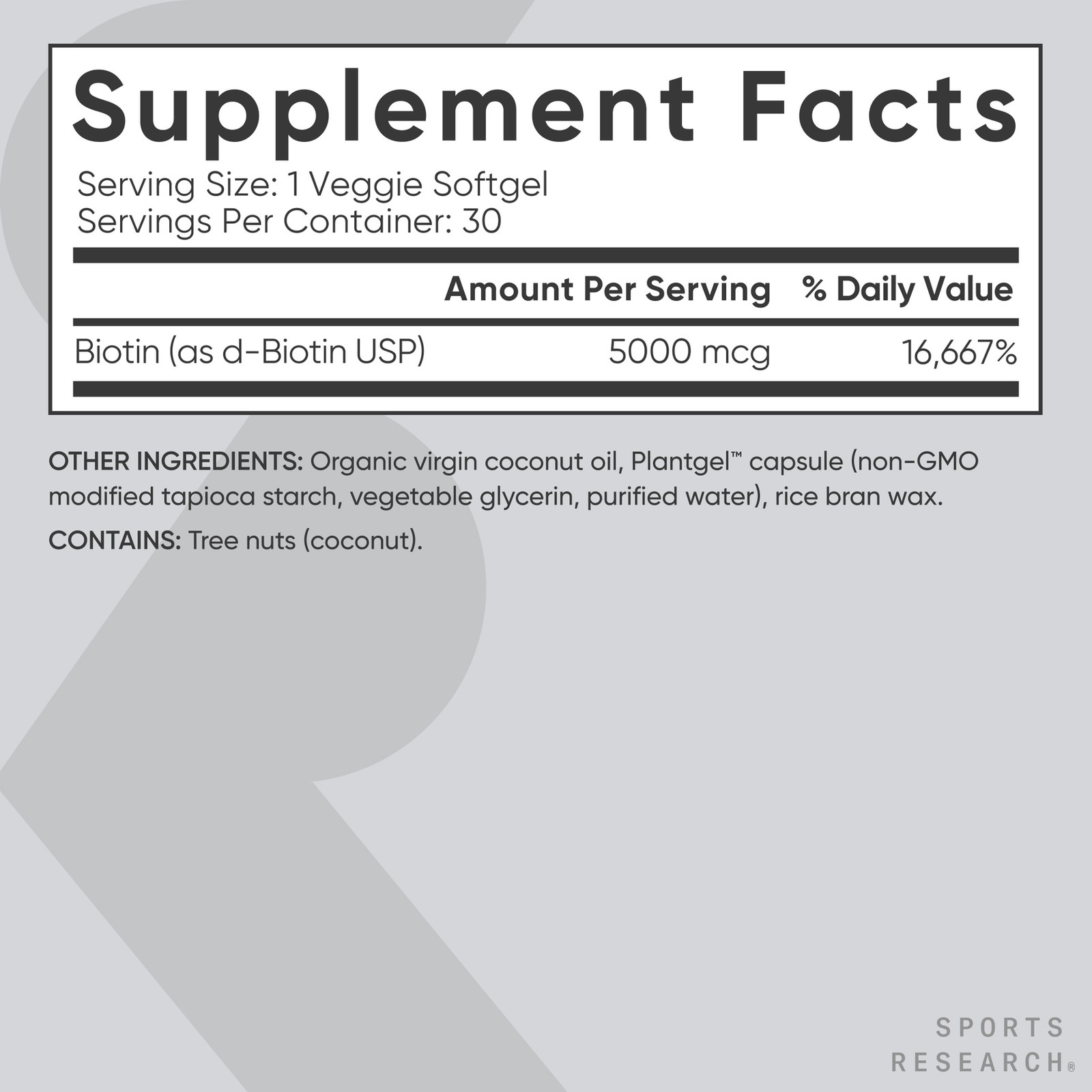 Vegan Biotin 5000mcg w/ Coconut Oil Extra Strength Biotin 30 Veggie Softgels
