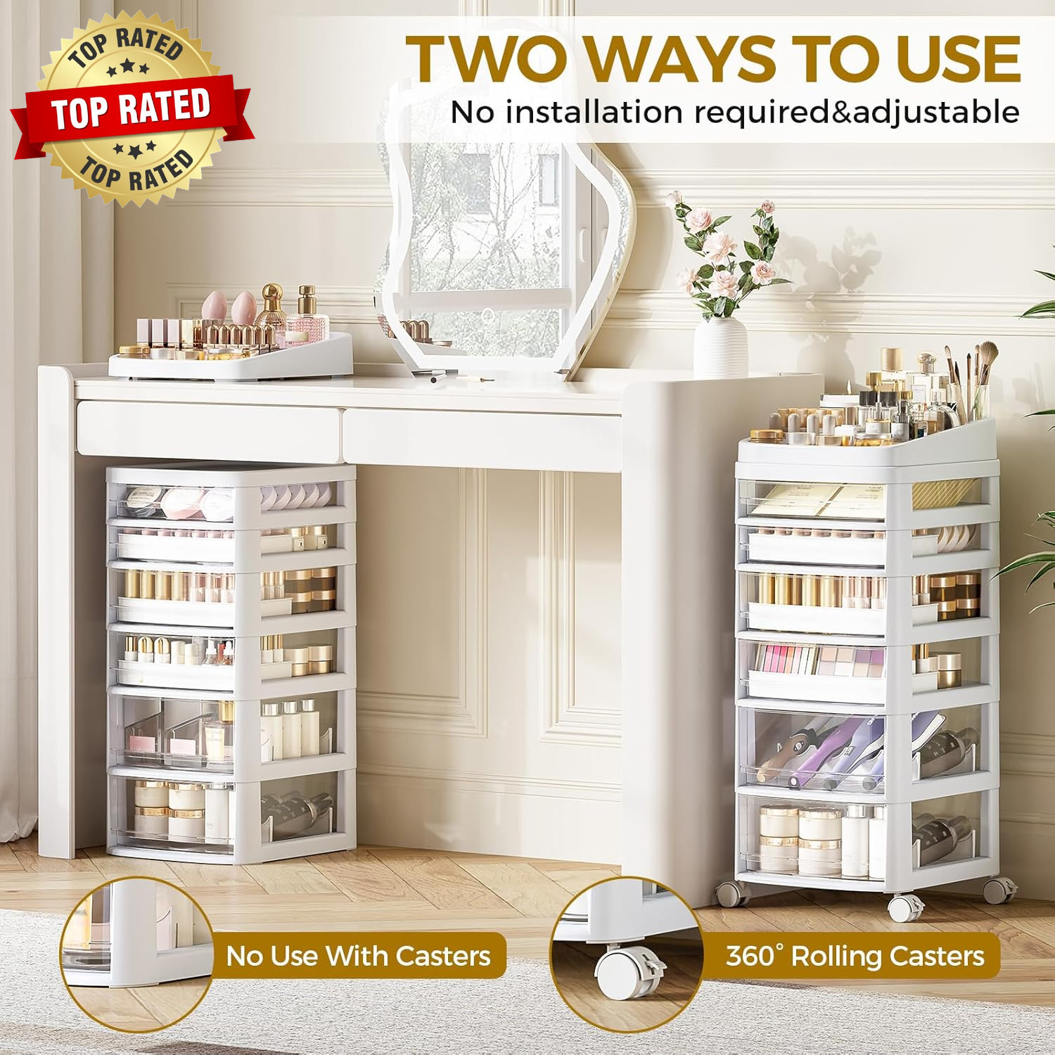 Rolling Cart with 6 Drawers, Clear Plastic Drawer Organizers, Dust Proof under D
