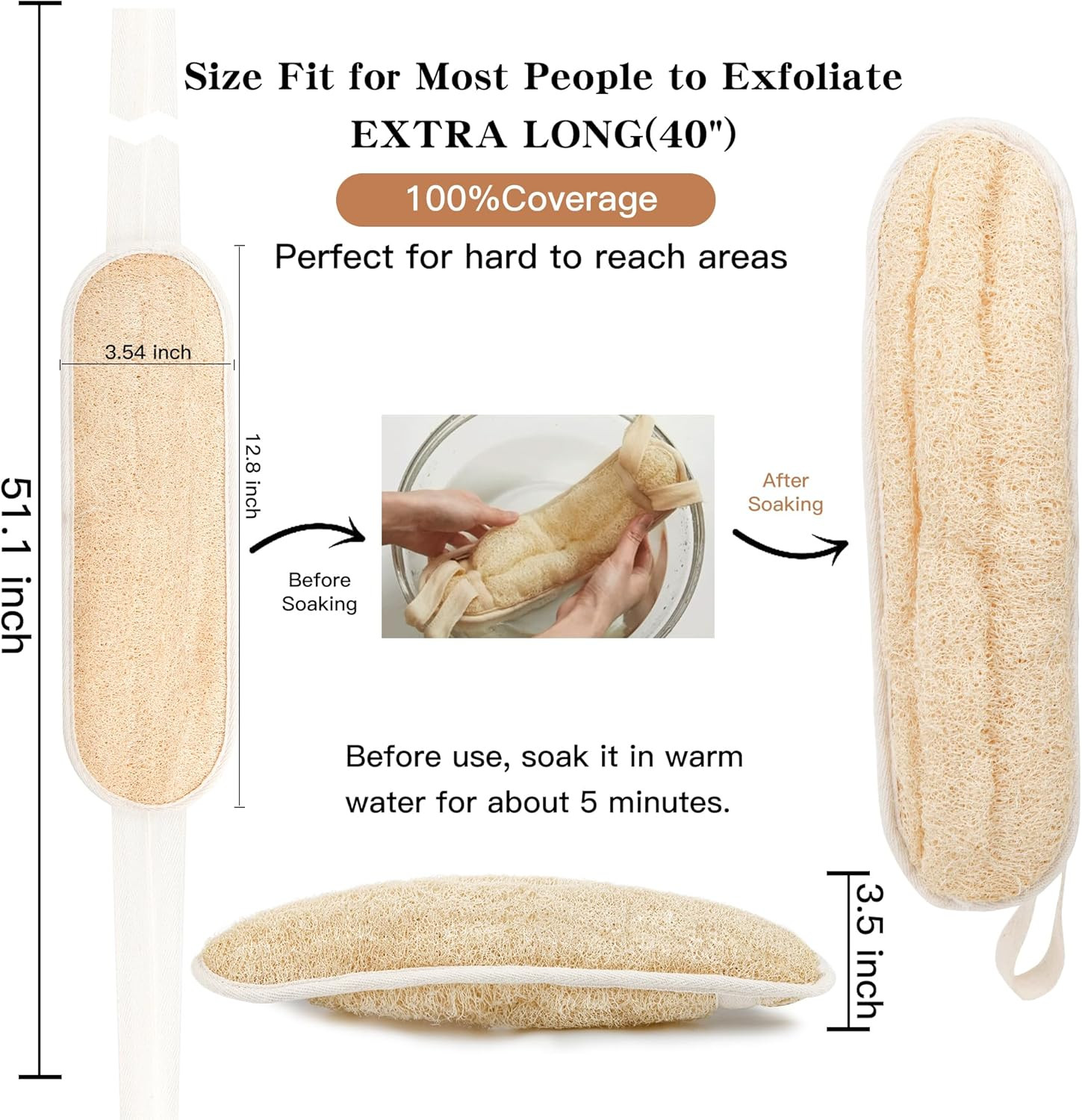 Natural Loofah Back Scrubber Long Loofa for Shower Bath with Handles Exfoliating