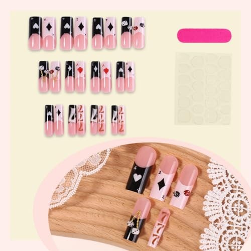 Pink & Black Poker Theme Long Square Press on Nails with Black & White Dice