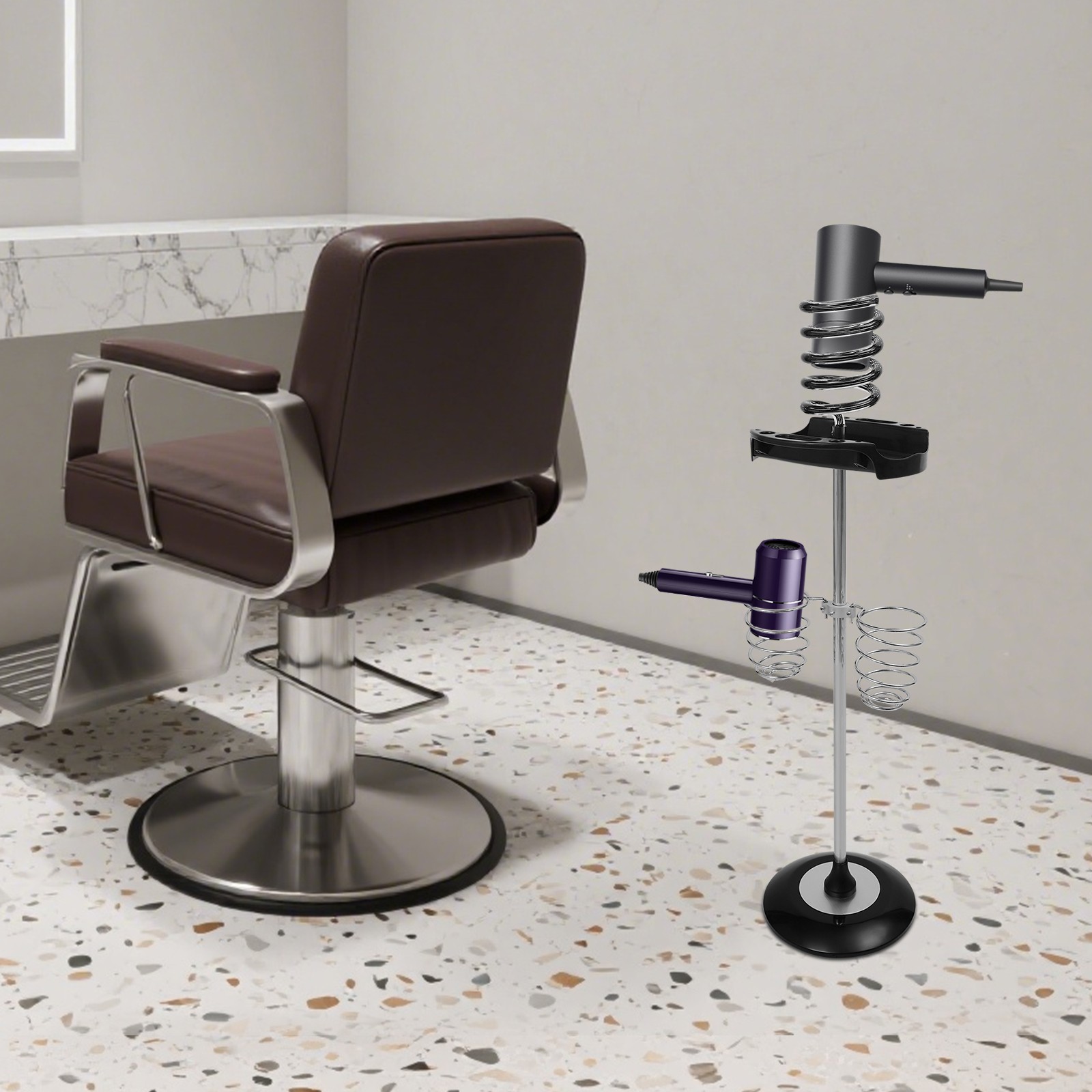 Hair Dryer Stand with Tray & Spiral Holders Freestanding Holder Hands-Free Black