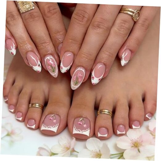Press on Nails and Toenails Set – 48Pcs Medium Almond French Tip Fake Style-33