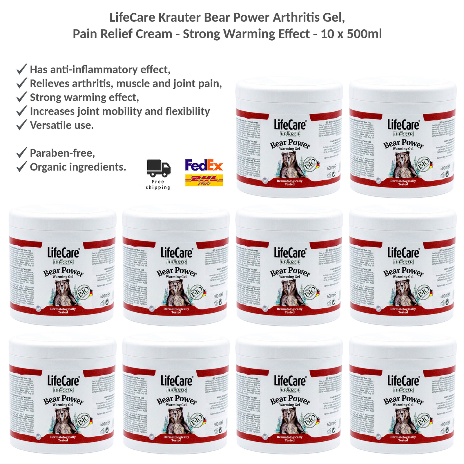 LifeCare Krauter Bear Power Gel Arthritis Pain Relief – Warming Effect 10x500ml