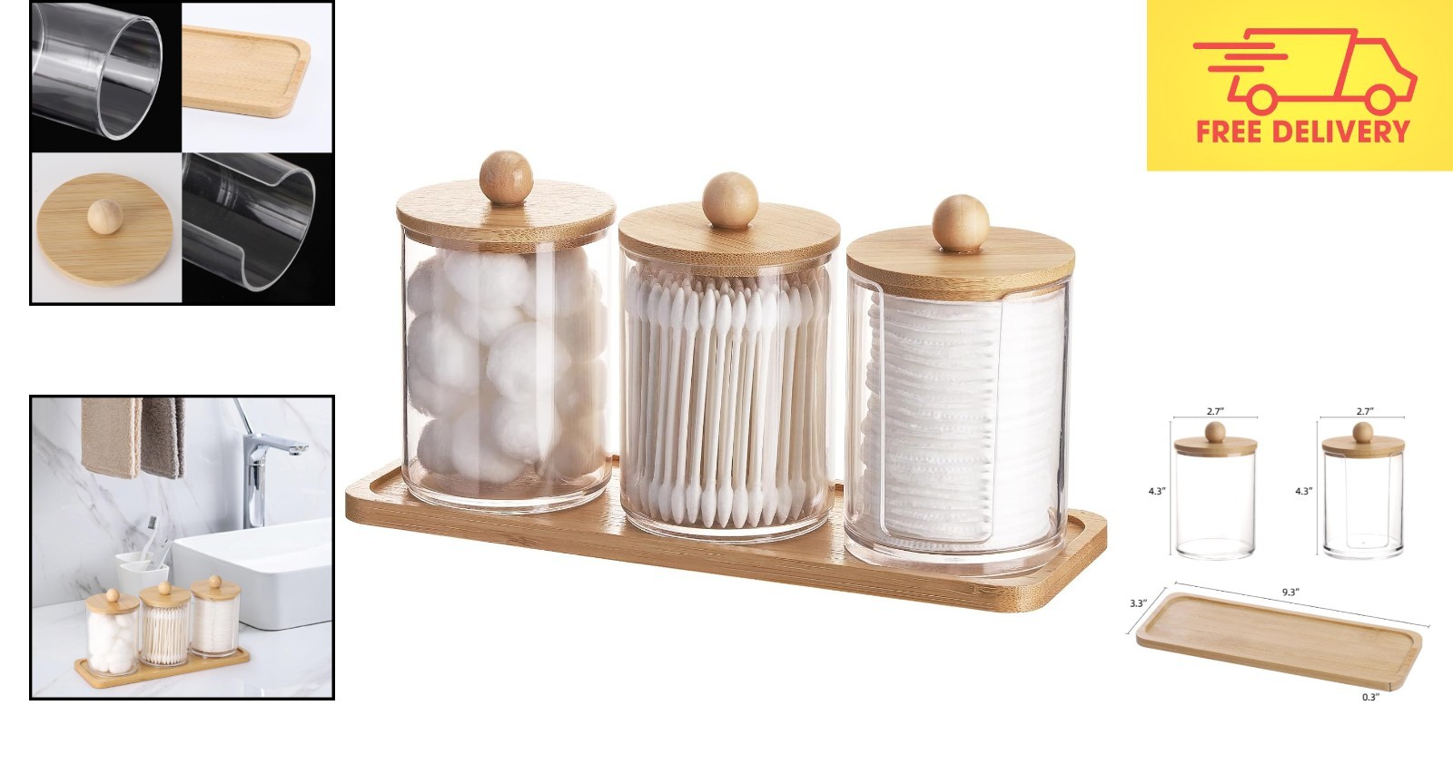 Space-Saving 10 oz Bathroom Containers with Dust-Proof Bamboo Lids – 3 Pack