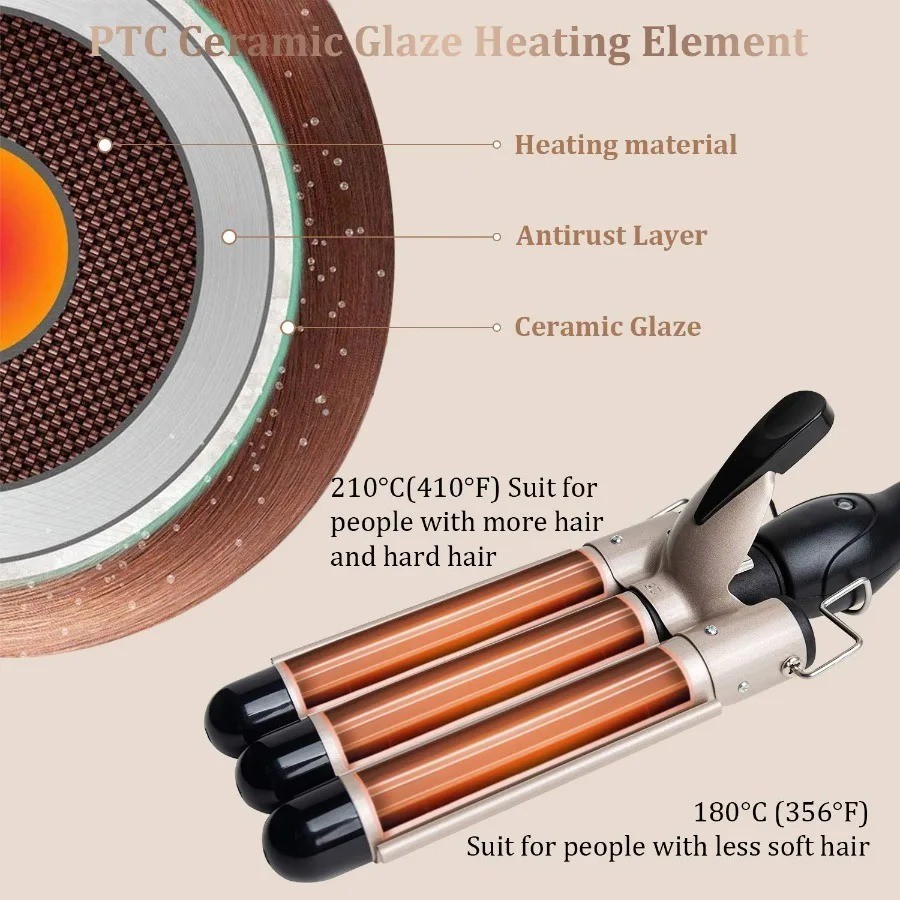 1 Inch 3 Barrel Curling Iron Ceramic Tourmaline Hair Waver LCD Display