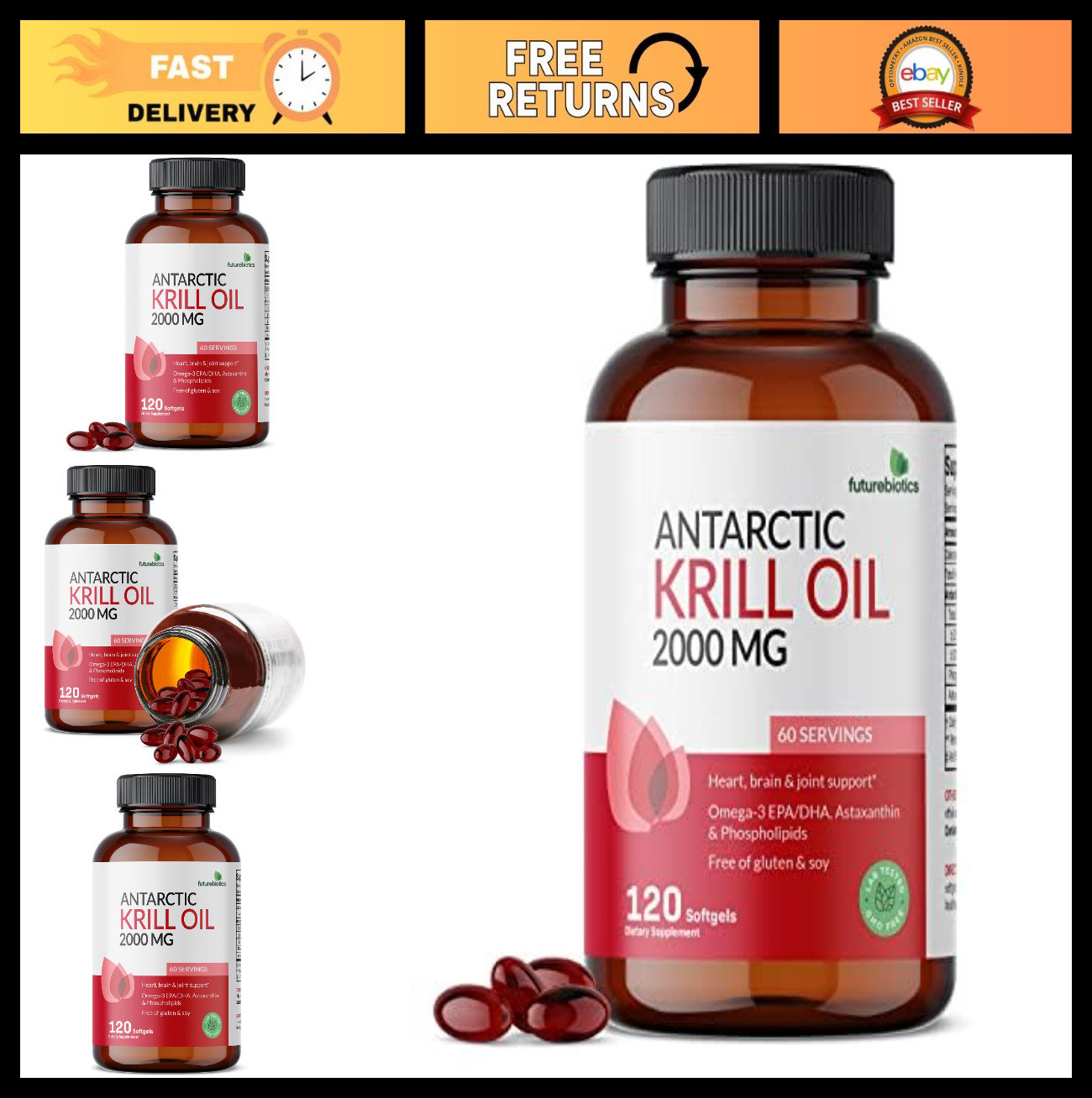 Antarctic Krill Oil 2000mg with Astaxanthin, Omega-3 EPA DHA, Non-GMO, 120 Softg