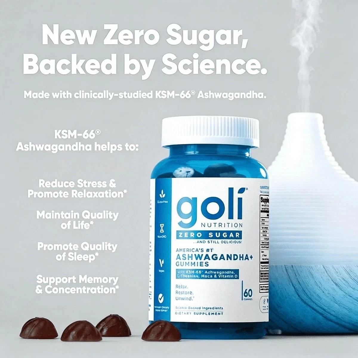 2 BOTTLES-Goli Zero Sugar Ashwagandha Gummies KSM-66 L-Theanine Vitamin D Maca