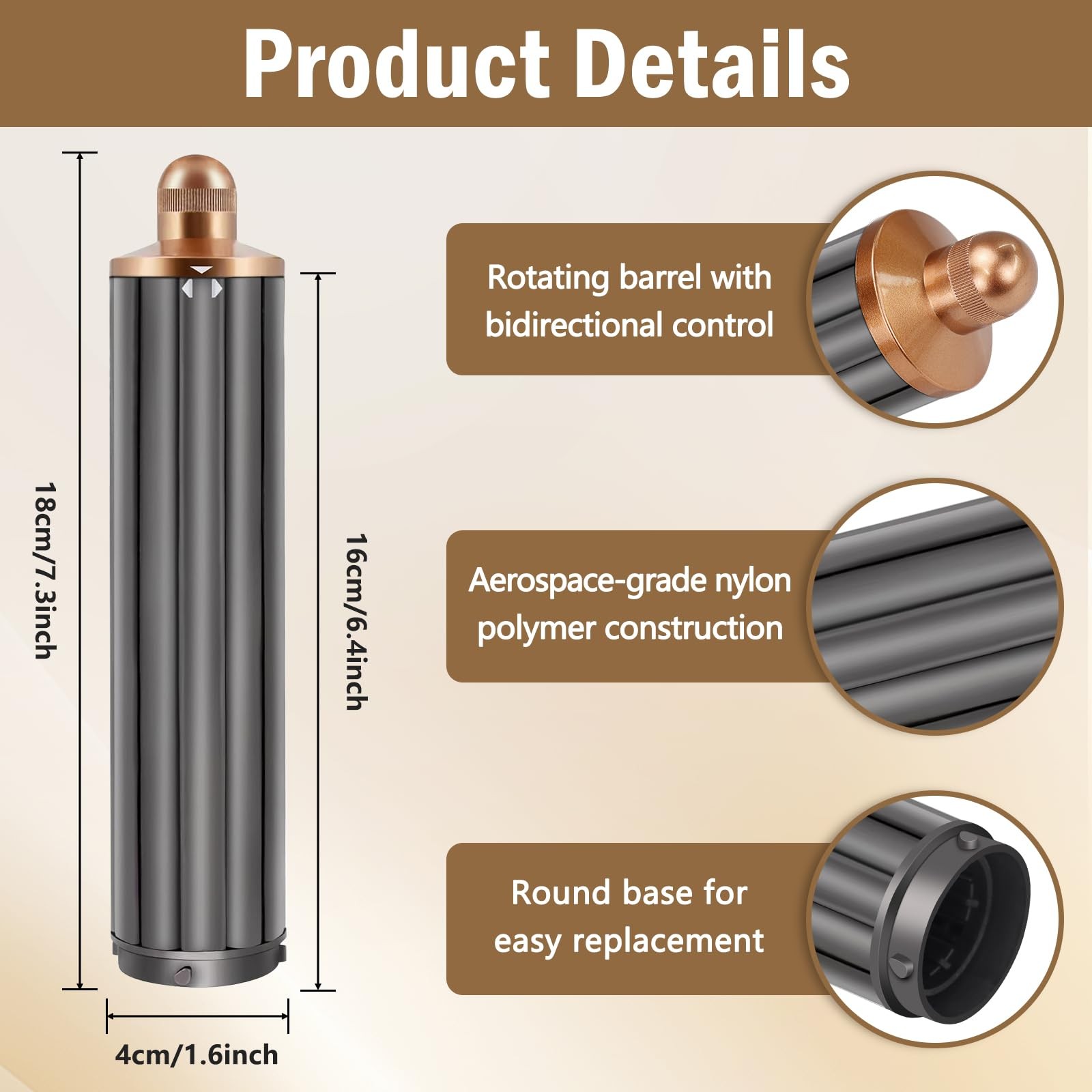 40MM 1.6in Long Hair 1 Count (Pack of 1), Curling Barrels,Gold